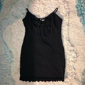 Sky Plus Black Ribbed Slip Dress with Aqua Logo Detail